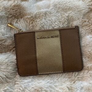 Michael Kors Women's Center Stripe MK TZ Coin Pouch Wallet DK Khaki Gold Leather